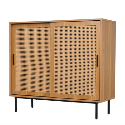 Buffet Contemporain Noyer avec Portes Coulissantes en Rotin et Rangement Polyvalent VISIENS