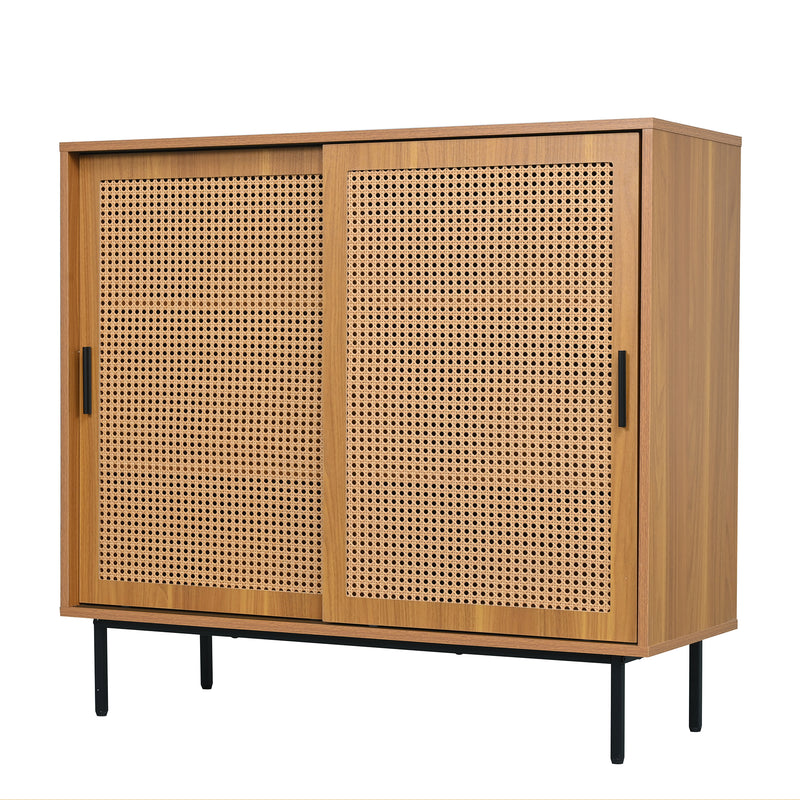 Buffet Contemporain Noyer avec Portes Coulissantes en Rotin et Rangement Polyvalent VISIENS