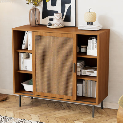 Buffet Contemporain Noyer avec Portes Coulissantes en Rotin et Rangement Polyvalent VISIENS