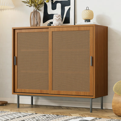 Buffet Contemporain Noyer avec Portes Coulissantes en Rotin et Rangement Polyvalent VISIENS