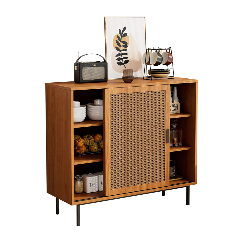 Buffet Contemporain Noyer avec Portes Coulissantes en Rotin et Rangement Polyvalent VISIENS