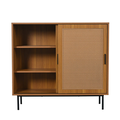Buffet Contemporain Noyer avec Portes Coulissantes en Rotin et Rangement Polyvalent VISIENS