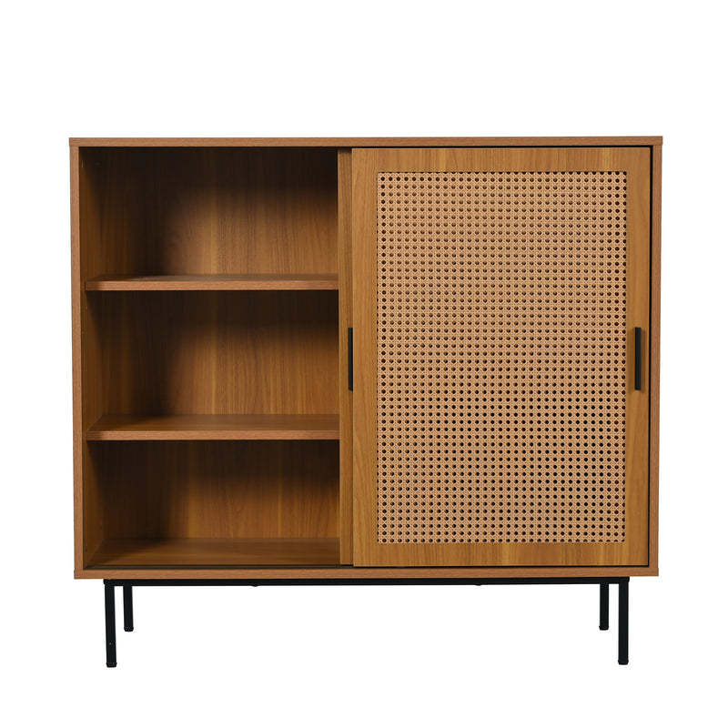 Buffet Contemporain Noyer avec Portes Coulissantes en Rotin et Rangement Polyvalent VISIENS