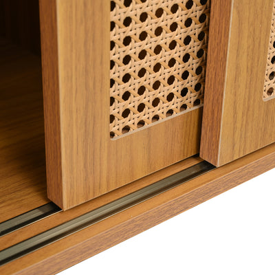 Buffet Contemporain Noyer avec Portes Coulissantes en Rotin et Rangement Polyvalent VISIENS