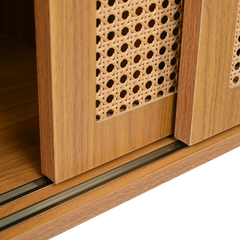 Buffet Contemporain Noyer avec Portes Coulissantes en Rotin et Rangement Polyvalent VISIENS