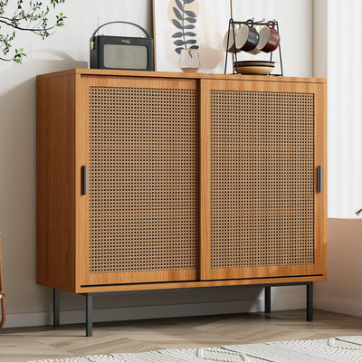 Buffet Contemporain Noyer avec Portes Coulissantes en Rotin et Rangement Polyvalent VISIENS