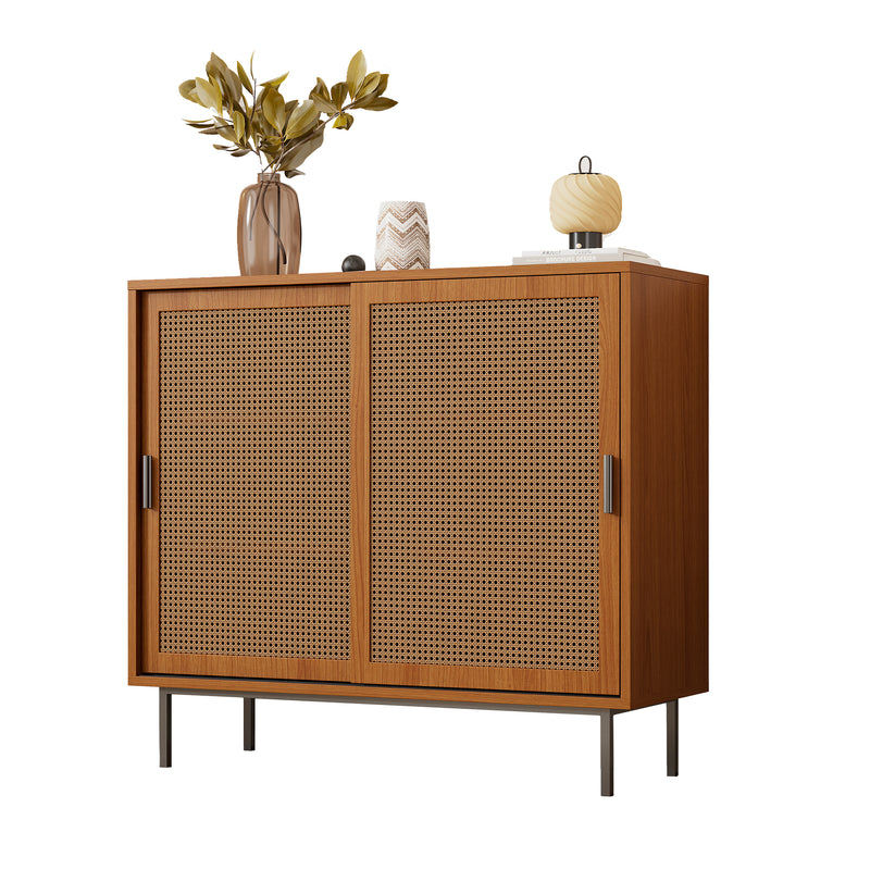 Buffet Contemporain Noyer avec Portes Coulissantes en Rotin et Rangement Polyvalent VISIENS