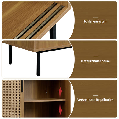 Buffet Contemporain Noyer avec Portes Coulissantes en Rotin et Rangement Polyvalent VISIENS