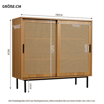 Buffet Contemporain Noyer avec Portes Coulissantes en Rotin et Rangement Polyvalent VISIENS