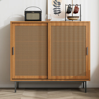 Buffet Contemporain Noyer avec Portes Coulissantes en Rotin et Rangement Polyvalent VISIENS