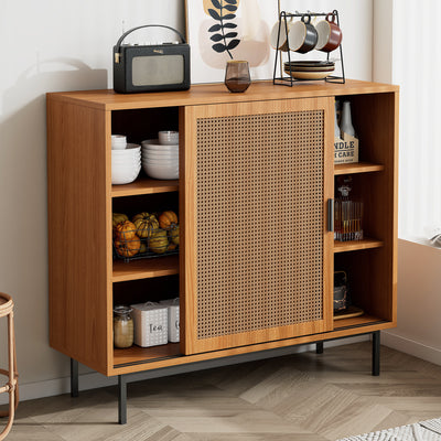Buffet Contemporain Noyer avec Portes Coulissantes en Rotin et Rangement Polyvalent VISIENS