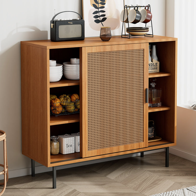 Buffet Contemporain Noyer avec Portes Coulissantes en Rotin et Rangement Polyvalent VISIENS