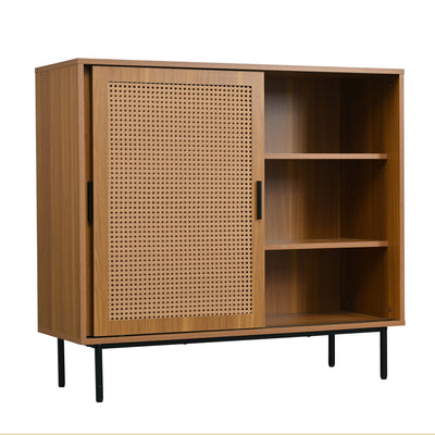 Buffet Contemporain Noyer avec Portes Coulissantes en Rotin et Rangement Polyvalent VISIENS