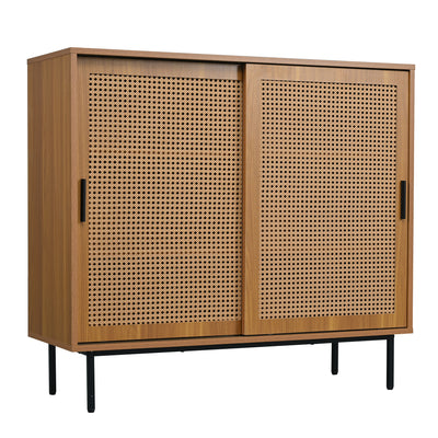Buffet Contemporain Noyer avec Portes Coulissantes en Rotin et Rangement Polyvalent VISIENS