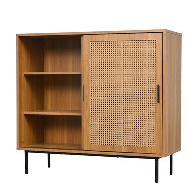 Buffet Contemporain Noyer avec Portes Coulissantes en Rotin et Rangement Polyvalent VISIENS