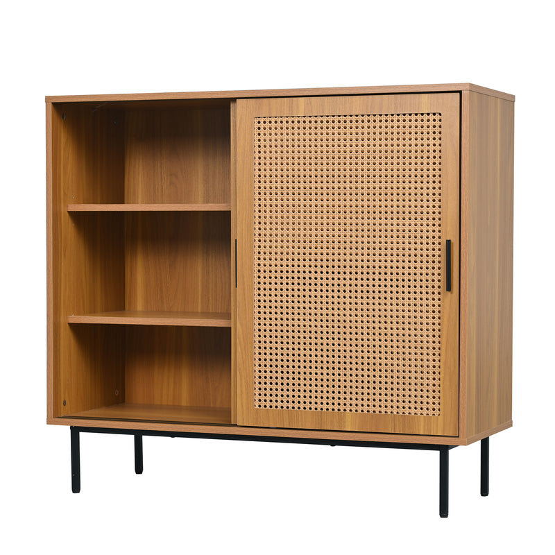Buffet Contemporain Noyer avec Portes Coulissantes en Rotin et Rangement Polyvalent VISIENS