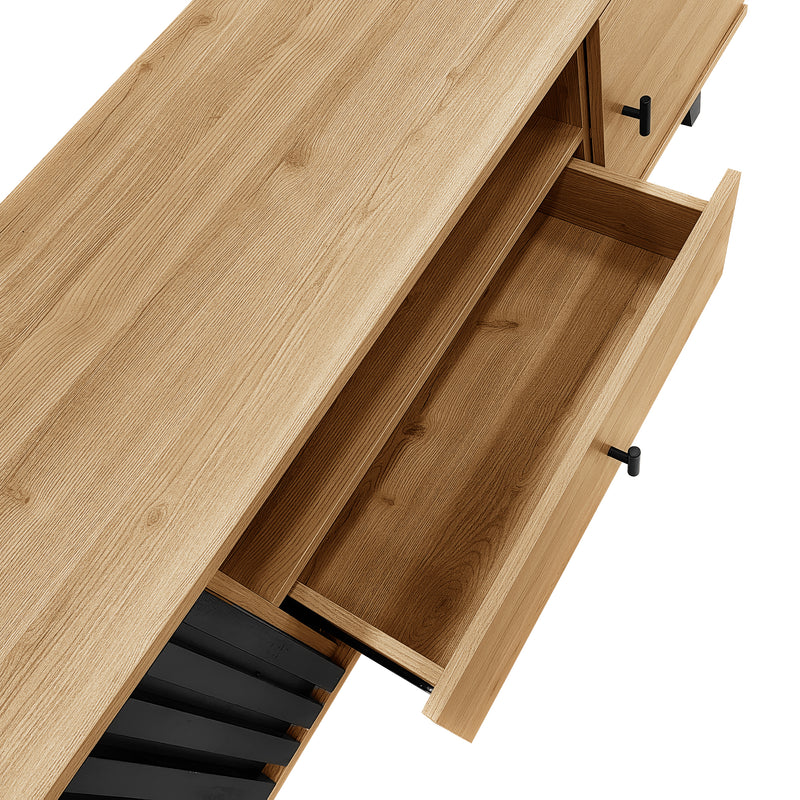 Meuble TV Design Moderne Bois Naturel et Noir avec Rangement Polyvalent VRAASTRIK
