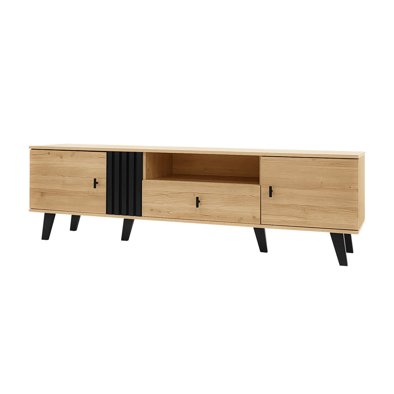 Meuble TV Design Moderne Bois Naturel et Noir avec Rangement Polyvalent VRAASTRIK