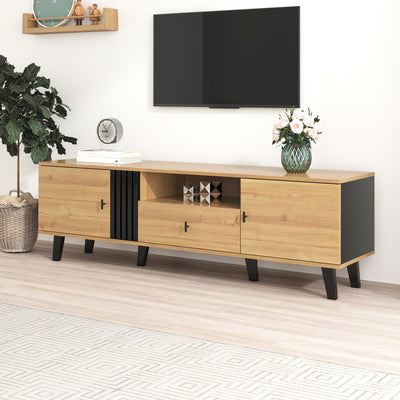 Meuble TV Design Moderne Bois Naturel et Noir avec Rangement Polyvalent VRAASTRIK