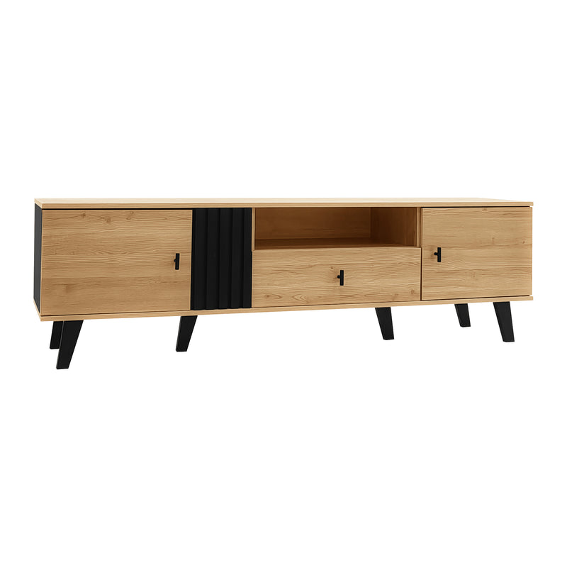 Meuble TV Design Moderne Bois Naturel et Noir avec Rangement Polyvalent VRAASTRIK