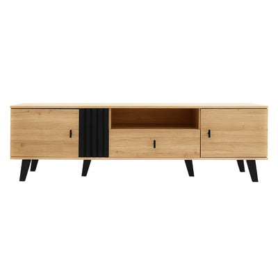 Meuble TV Design Moderne Bois Naturel et Noir avec Rangement Polyvalent VRAASTRIK