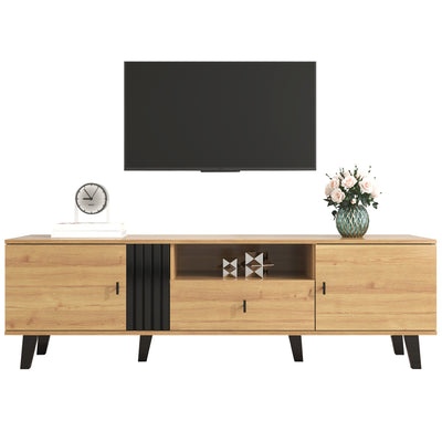 Meuble TV Design Moderne Bois Naturel et Noir avec Rangement Polyvalent VRAASTRIK