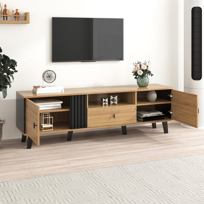 Meuble TV Design Moderne Bois Naturel et Noir avec Rangement Polyvalent VRAASTRIK