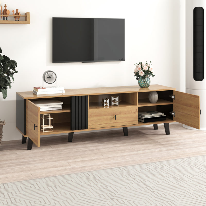 Meuble TV Design Moderne Bois Naturel et Noir avec Rangement Polyvalent VRAASTRIK