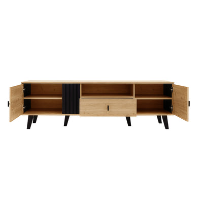 Meuble TV Design Moderne Bois Naturel et Noir avec Rangement Polyvalent VRAASTRIK