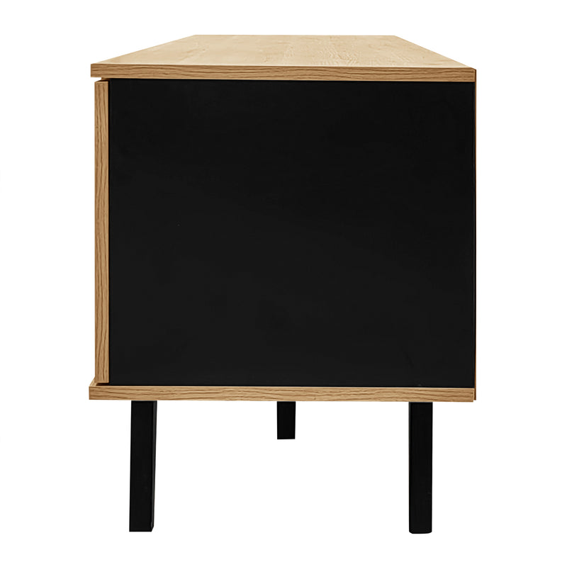 Meuble TV Design Moderne Bois Naturel et Noir avec Rangement Polyvalent VRAASTRIK