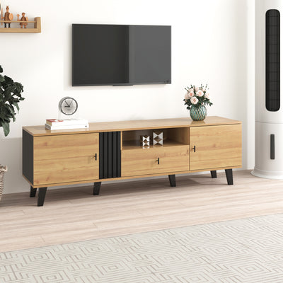 Meuble TV Design Moderne Bois Naturel et Noir avec Rangement Polyvalent VRAASTRIK