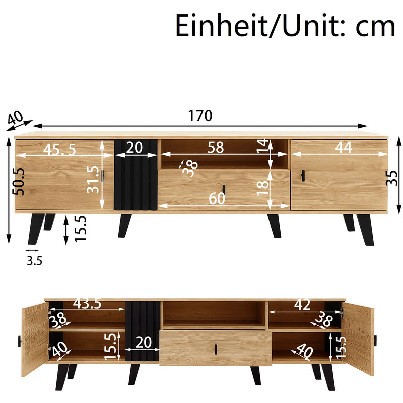 Meuble TV Design Moderne Bois Naturel et Noir avec Rangement Polyvalent VRAASTRIK