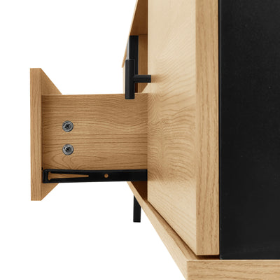 Meuble TV Design Moderne Bois Naturel et Noir avec Rangement Polyvalent VRAASTRIK
