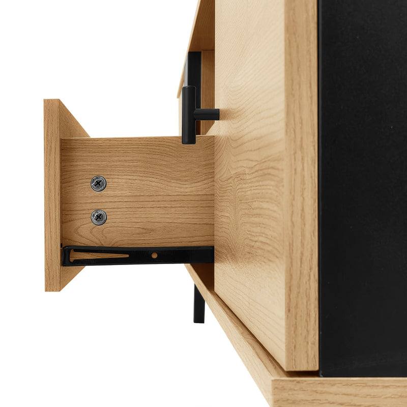 Meuble TV Design Moderne Bois Naturel et Noir avec Rangement Polyvalent VRAASTRIK
