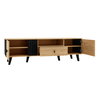 Meuble TV Design Moderne Bois Naturel et Noir avec Rangement Polyvalent VRAASTRIK