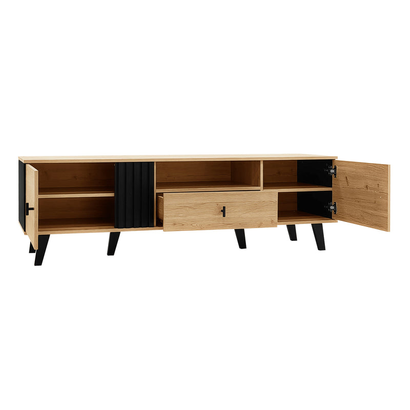 Meuble TV Design Moderne Bois Naturel et Noir avec Rangement Polyvalent VRAASTRIK