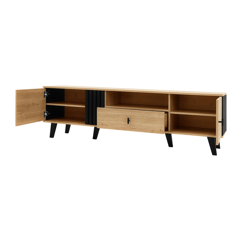 Meuble TV Design Moderne Bois Naturel et Noir avec Rangement Polyvalent VRAASTRIK
