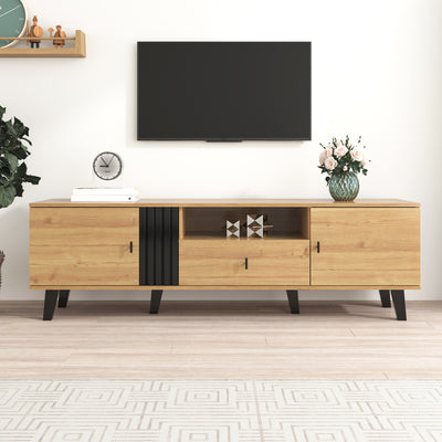 Meuble TV Design Moderne Bois Naturel et Noir avec Rangement Polyvalent VRAASTRIK