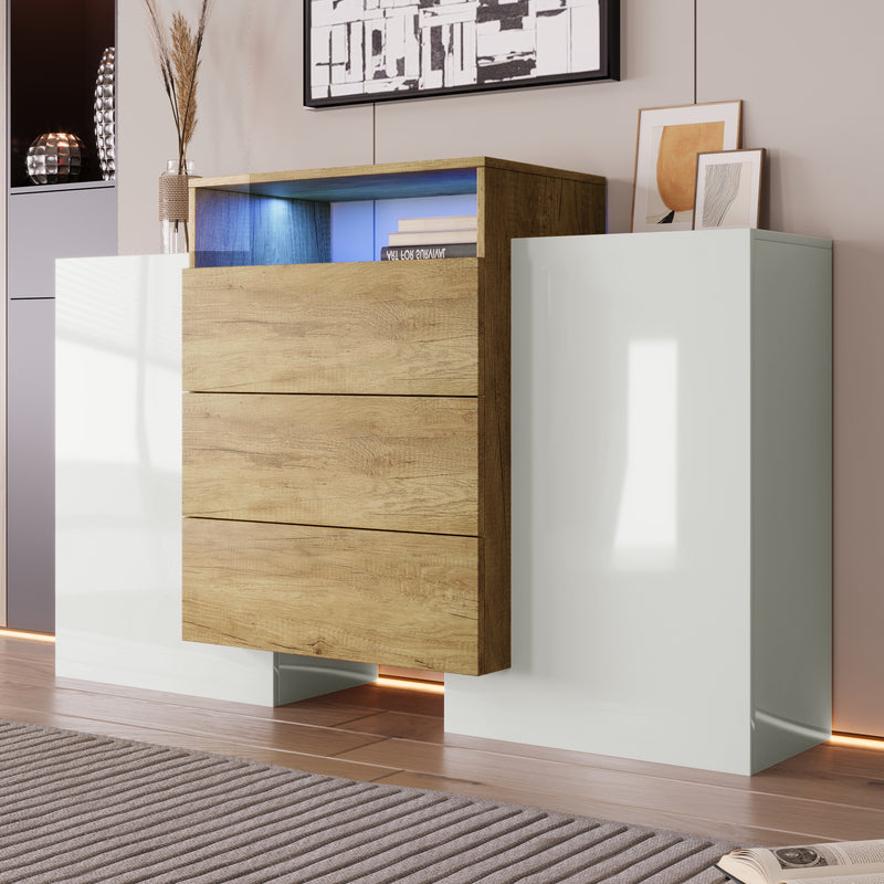 Buffet Contemporain Blanc Brillant et Bois Naturel avec LED Multicolores et Rangement Modulaire VRASUK