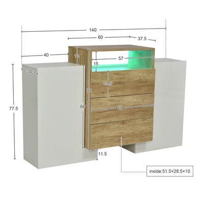 Buffet Contemporain Blanc Brillant et Bois Naturel avec LED Multicolores et Rangement Modulaire VRASUK