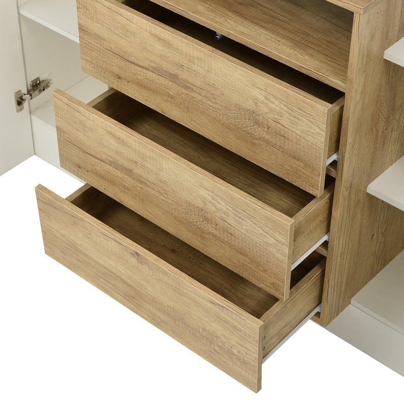 Buffet Contemporain Blanc Brillant et Bois Naturel avec LED Multicolores et Rangement Modulaire VRASUK
