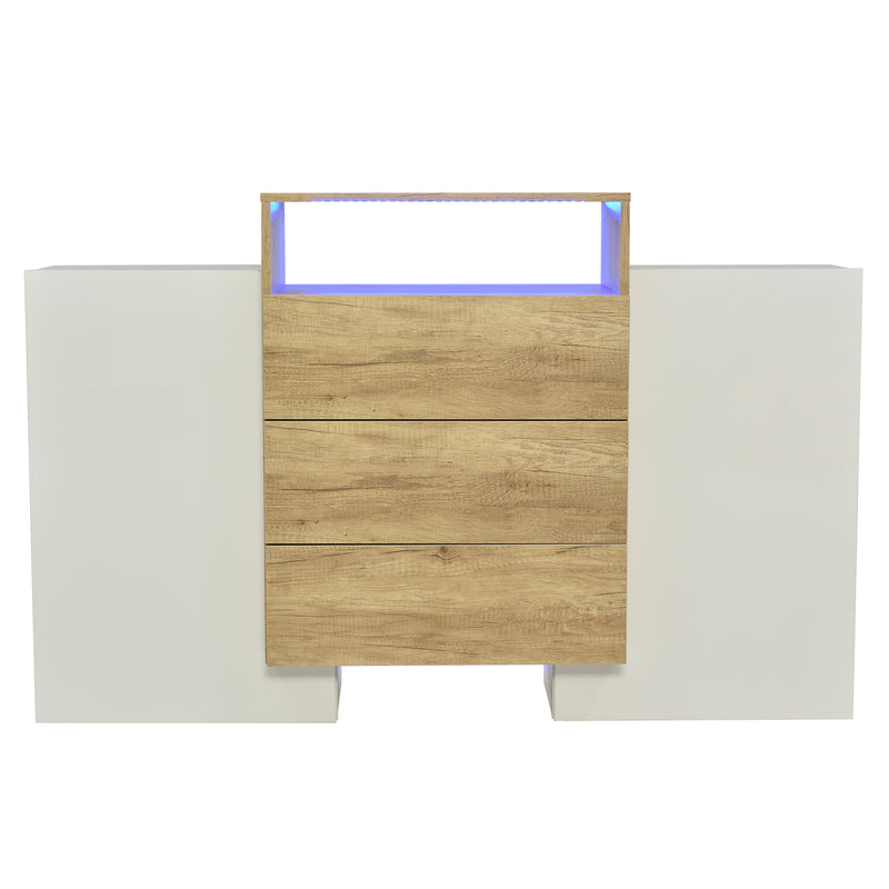 Buffet Contemporain Blanc Brillant et Bois Naturel avec LED Multicolores et Rangement Modulaire VRASUK