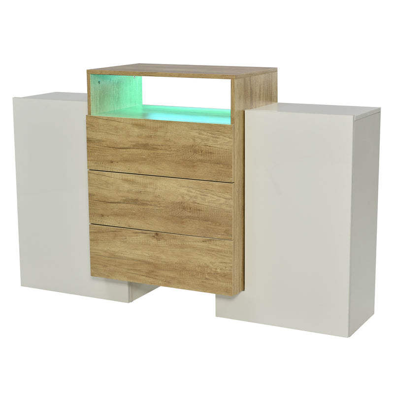 Buffet Contemporain Blanc Brillant et Bois Naturel avec LED Multicolores et Rangement Modulaire VRASUK