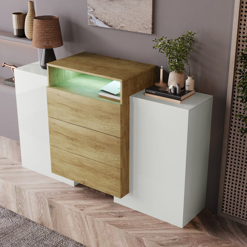 Buffet Contemporain Blanc Brillant et Bois Naturel avec LED Multicolores et Rangement Modulaire VRASUK
