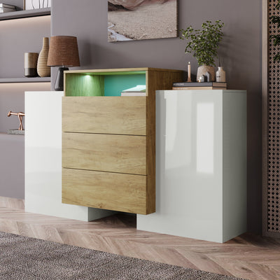 Buffet Contemporain Blanc Brillant et Bois Naturel avec LED Multicolores et Rangement Modulaire VRASUK