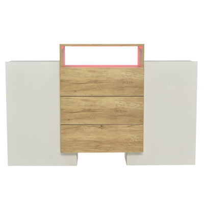 Buffet Contemporain Blanc Brillant et Bois Naturel avec LED Multicolores et Rangement Modulaire VRASUK