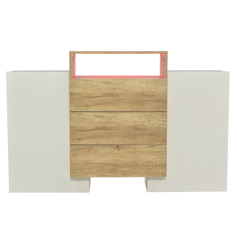 Buffet Contemporain Blanc Brillant et Bois Naturel avec LED Multicolores et Rangement Modulaire VRASUK