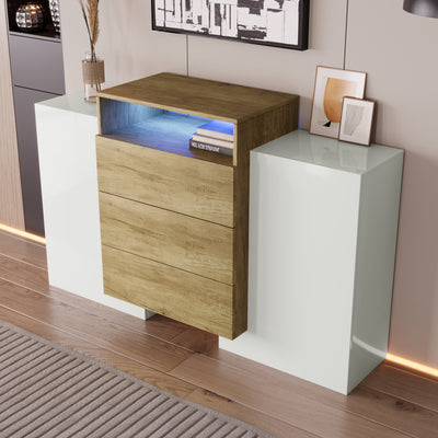 Buffet Contemporain Blanc Brillant et Bois Naturel avec LED Multicolores et Rangement Modulaire VRASUK