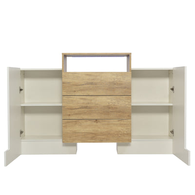 Buffet Contemporain Blanc Brillant et Bois Naturel avec LED Multicolores et Rangement Modulaire VRASUK