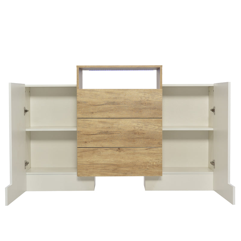 Buffet Contemporain Blanc Brillant et Bois Naturel avec LED Multicolores et Rangement Modulaire VRASUK